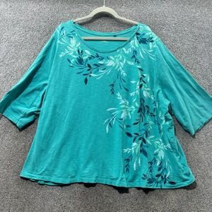 Catherines Blouse Top Women 3X 26/28 Petite Green Floral 3/4 Sleeve Cotton Beach